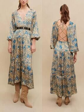 NWT Maje Ritache Abstract Multicolor 3/4 Puff Sleeves Open Back Maxi dress 34
